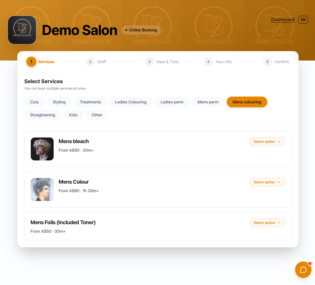 The Biseo public booking page — the service-selection step showing category tabs with per-option prices and durations