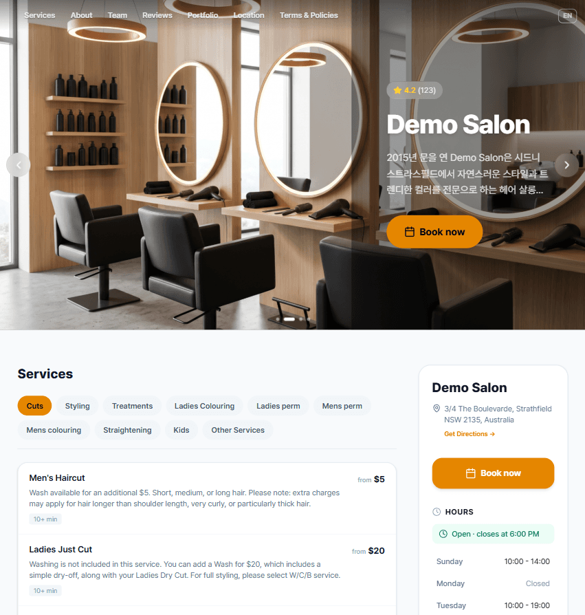 A mini-site built with Biseo — hero images, service list, team, reviews and portfolio on one page