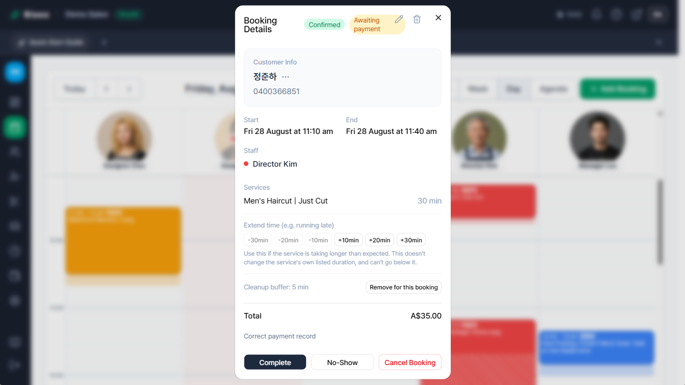 Complete/No-show/Cancel buttons in a booking's detail view