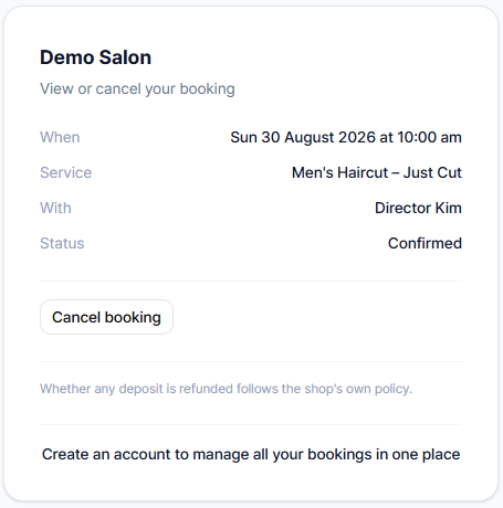 The customer-facing booking view/cancel page