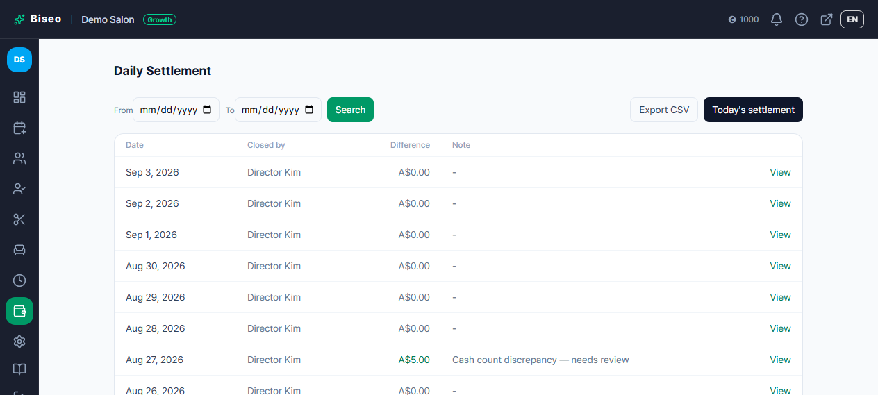 Settlement history list — closed-by, difference, note, and the CSV export button per date