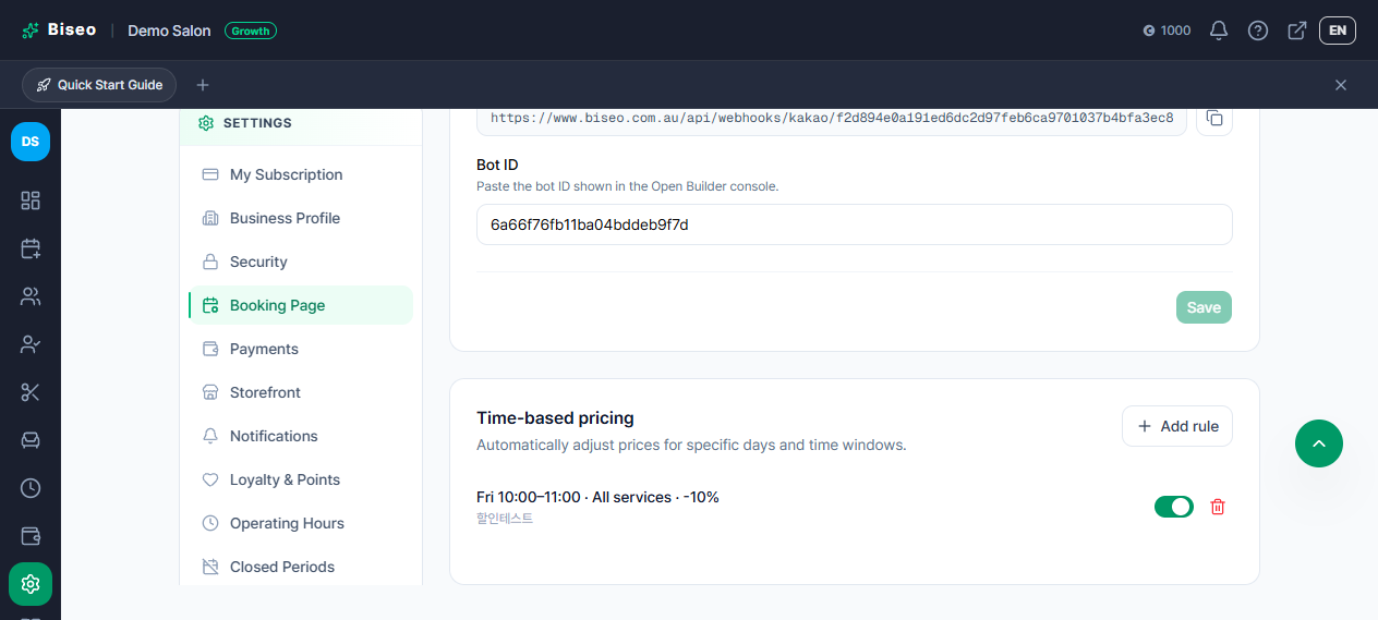 Time-based pricing screen — a -10% discount rule set for Friday 10-11am, turned on