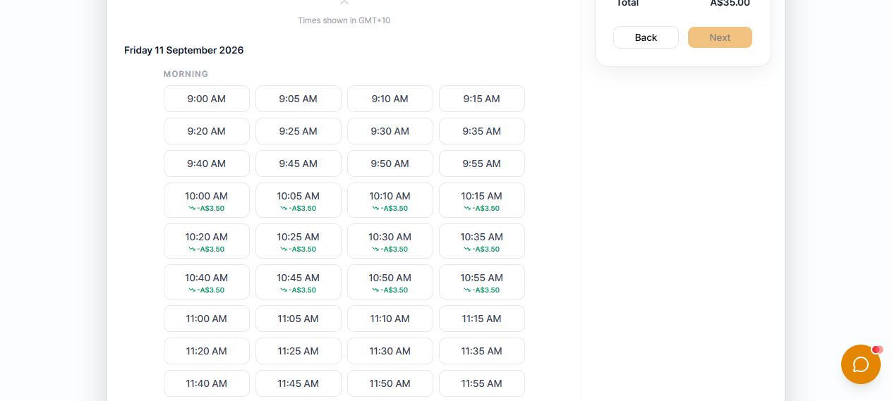 Time-slot picker showing a -A$3.50 badge on every discounted 10-11am slot