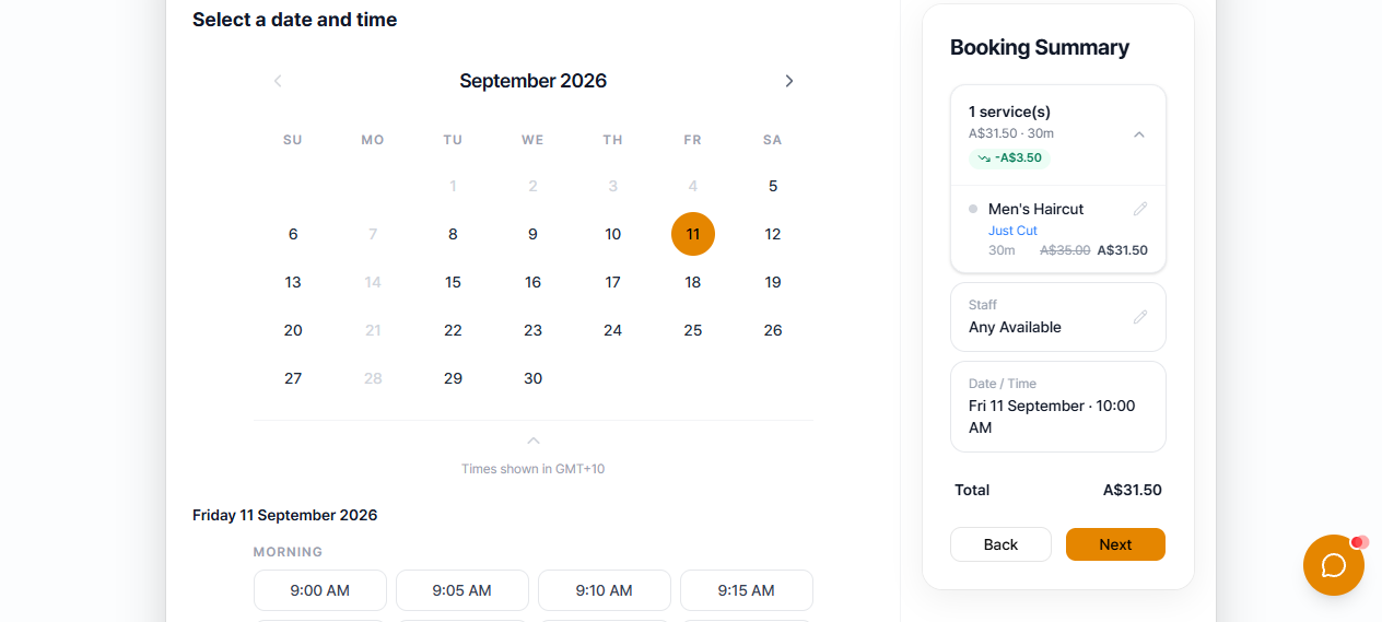 Booking summary after picking a discounted slot — original price struck through next to the adjusted total