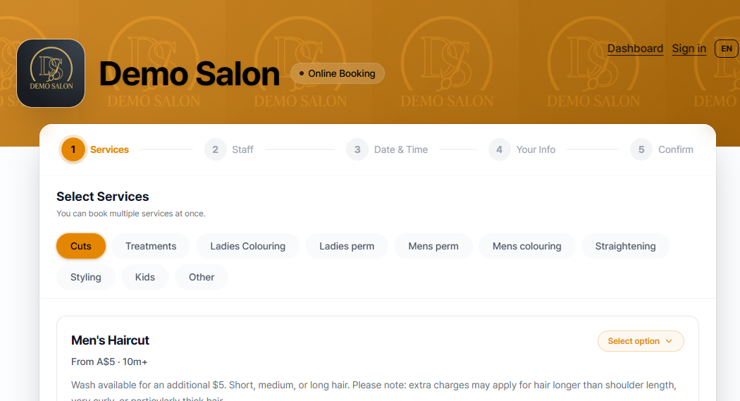 The plain booking page — service selection screen