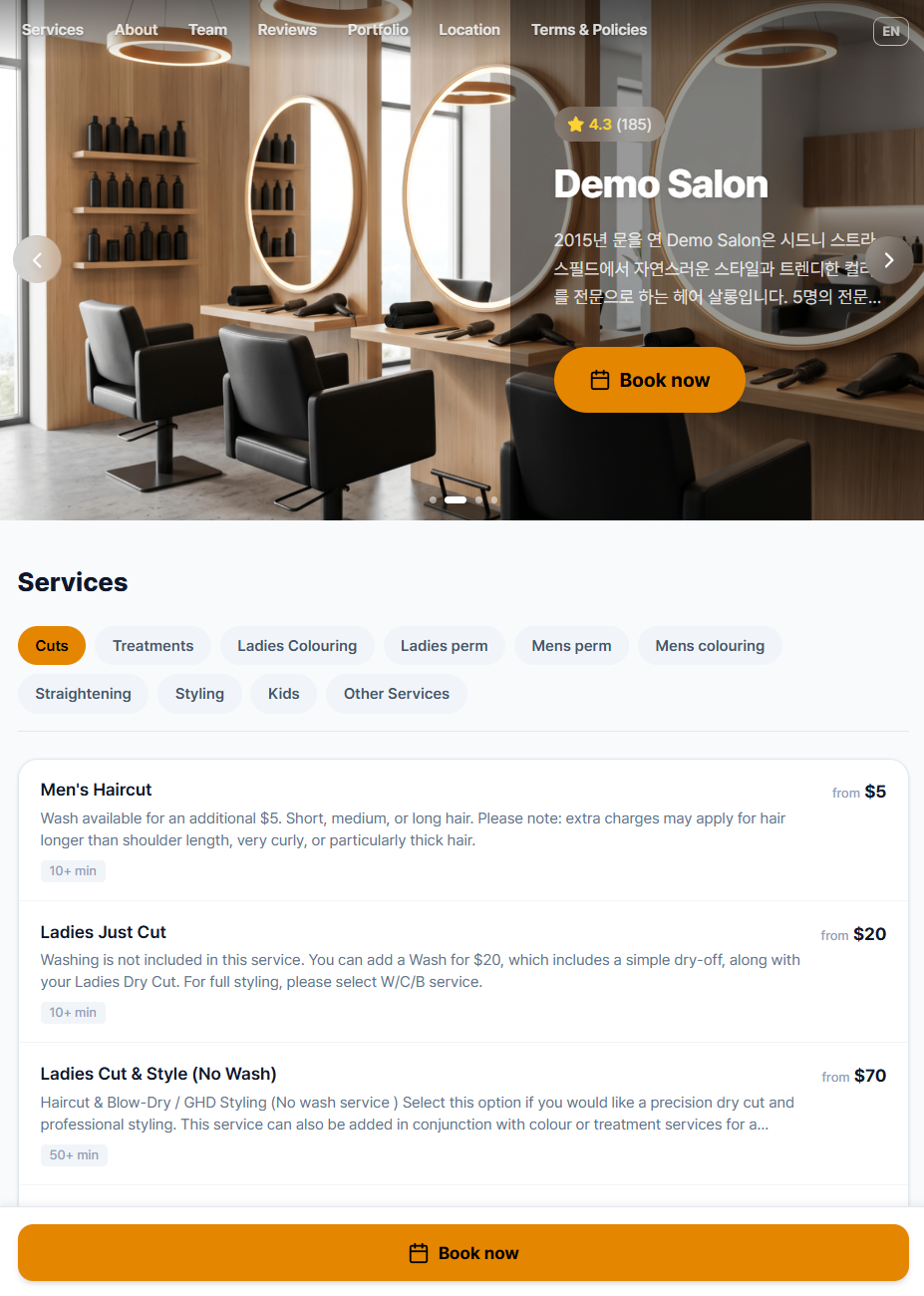 The mini-site — banner, hours, and team all visible together