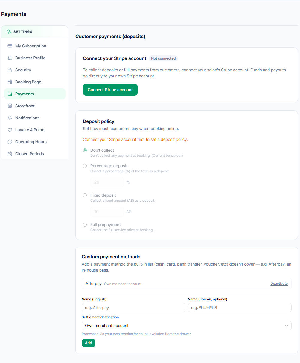 The Online Payments (Stripe connection) section under Settings > Booking Page