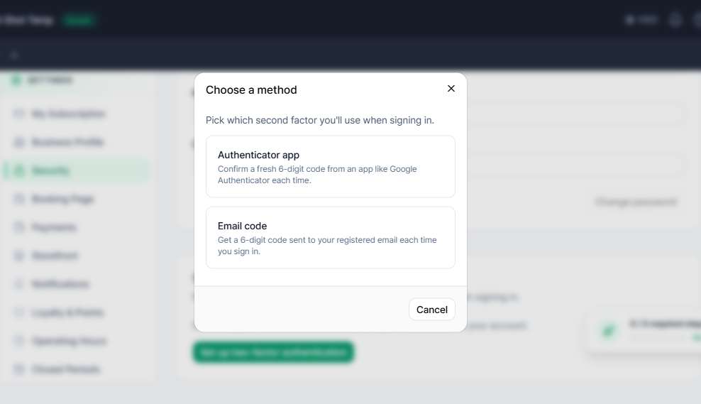 Choosing a 2FA method — authenticator app or email code