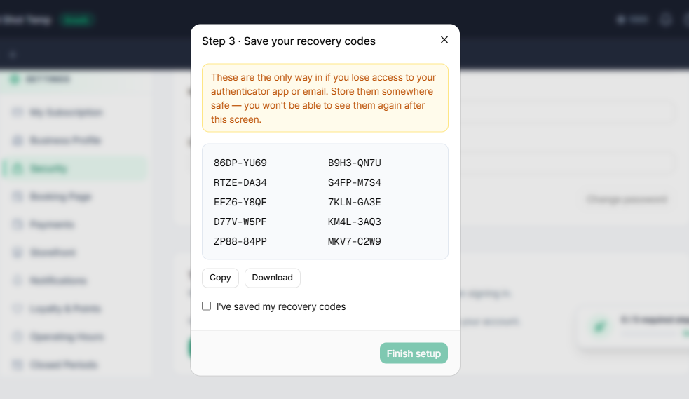 Save your recovery codes screen