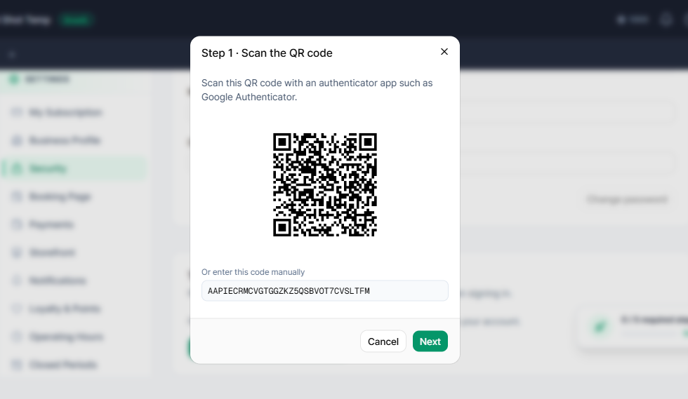 Authenticator app QR code and manual-entry secret