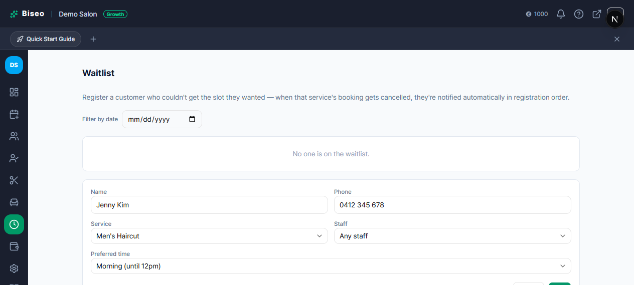The waitlist page with an existing entry and the add-to-waitlist form open