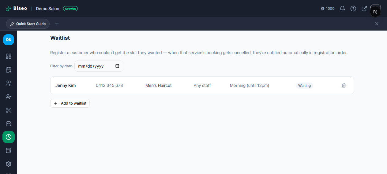 The waitlist page showing one notified entry and one still waiting