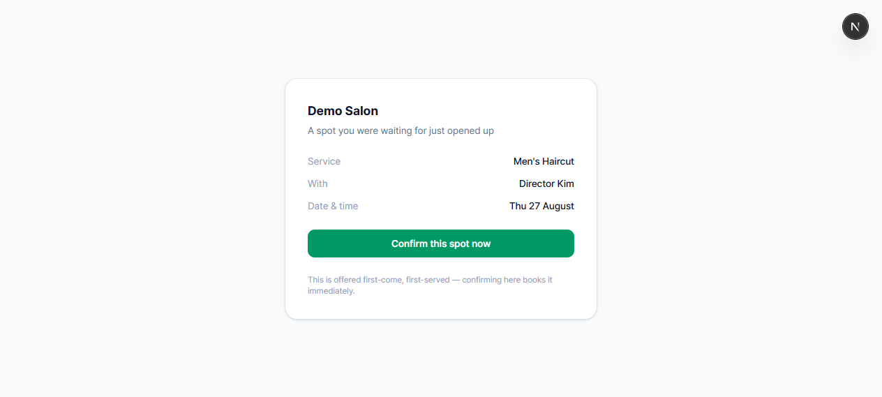 The one-click confirmation page a notified customer sees