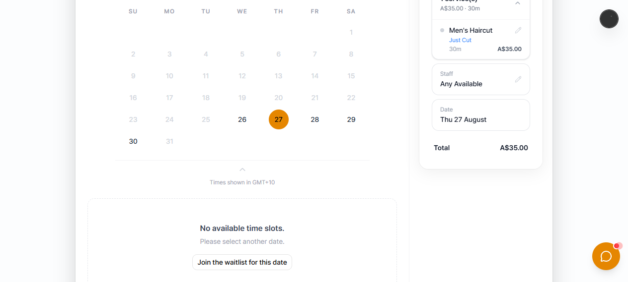 The booking page showing "No available time slots" with a "Join the waitlist for this date" button